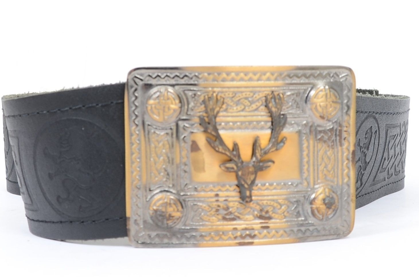 Stag Head Embossed Leather Kilt Belt Scottish Celtic Buckle Highland Belts Mens