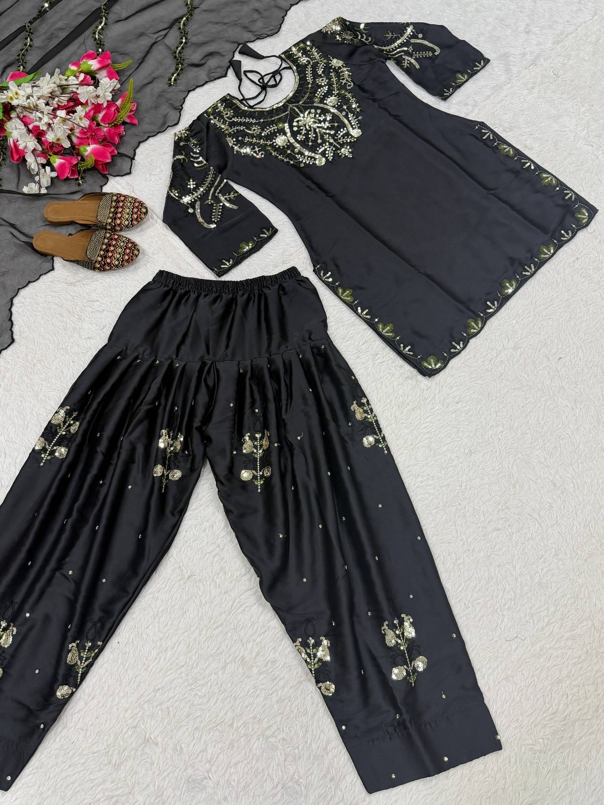 Stunning Heavy Japan Satin Black Top Bottom With Dupatta For Function Wear