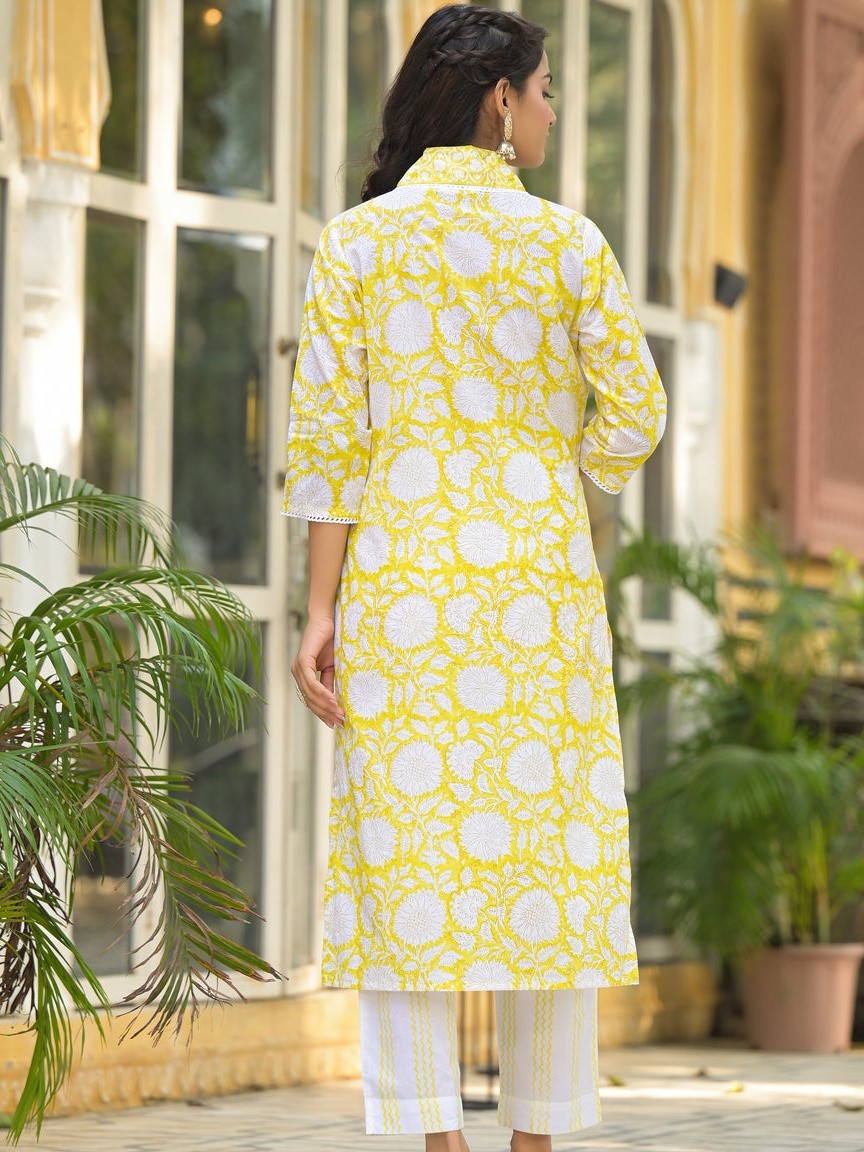 Yellow Hand Block Print Cotton Straight Kurta Pant Set with Dupatta Plus Size