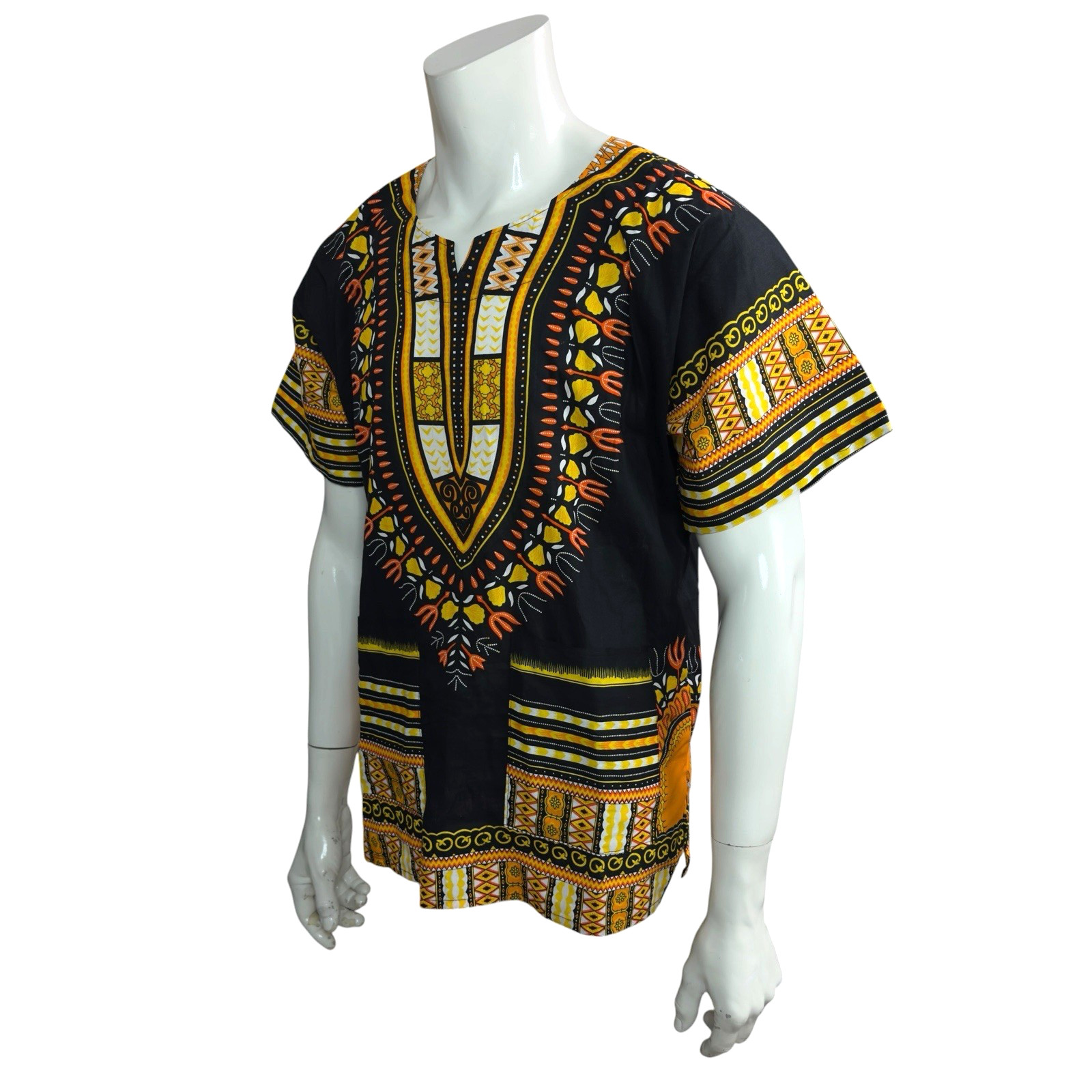 Black Dashiki Shirt Men’s L Size 46 Cotton Tribal African Pattern Tunic 2 Pocket