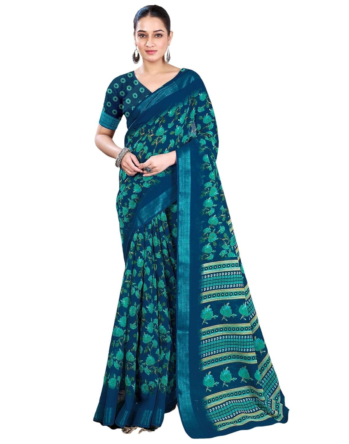 Women’s Cotton Linen Printed and Zari Border Saree with Unstitched Blouse Piece