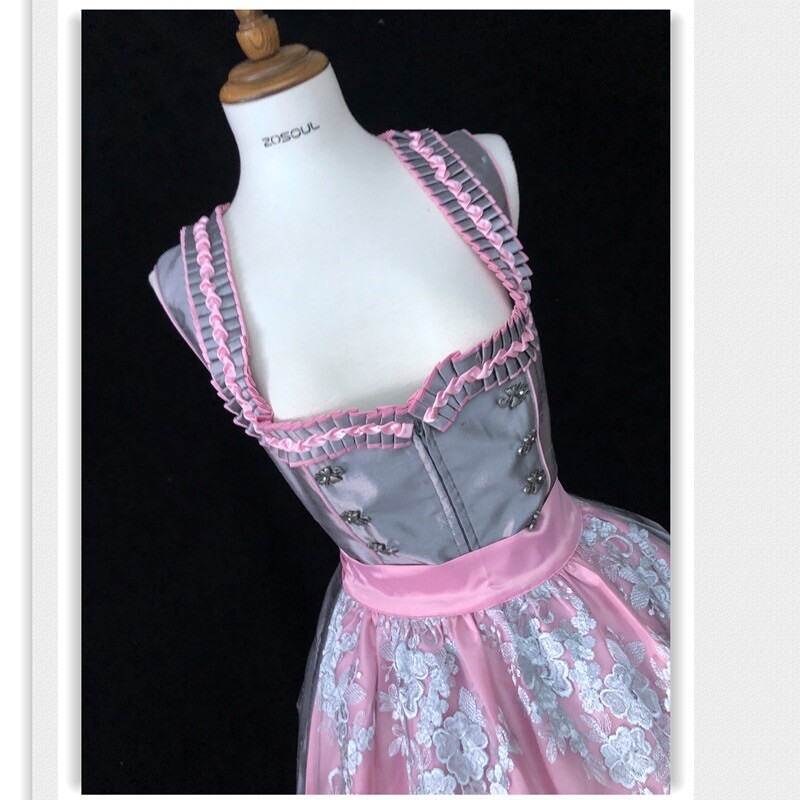 Gray Pink Dirndl Oktoberfest Lace Up Dress Size 34 Ruffle Plaid Apron Beer F96