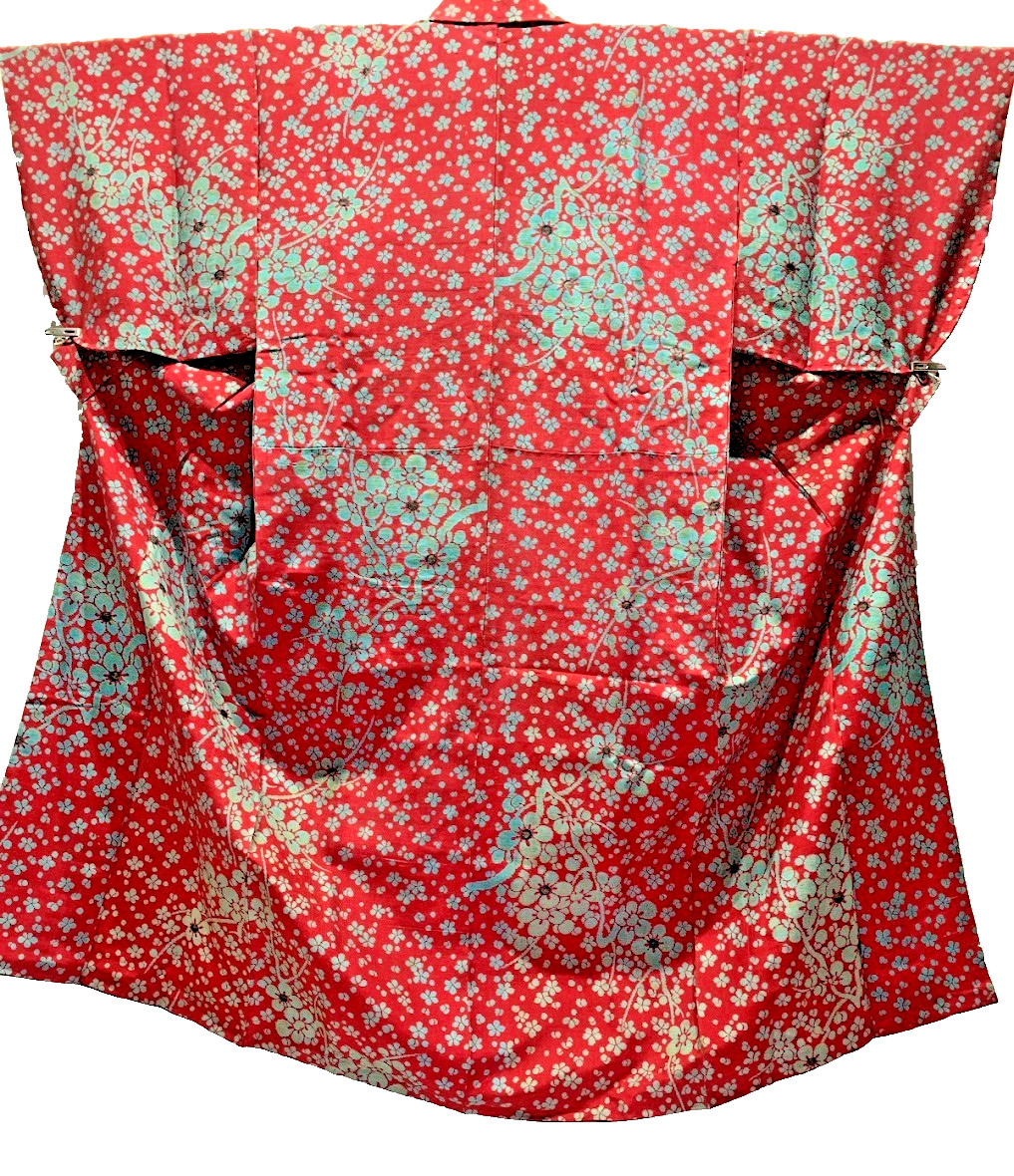 Silk Tsumugi Kimono Red XS 51in Plum Fabric Remake Material Japanese Vintage Art