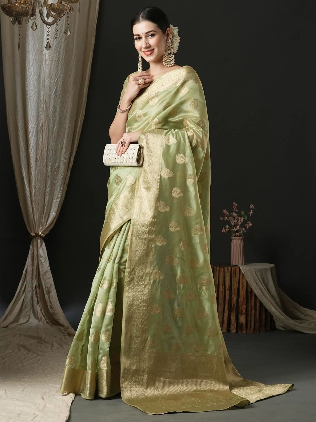 Women’s Organza Ethnic Motif Woven Design Saree With Unstitched Blouse Piece