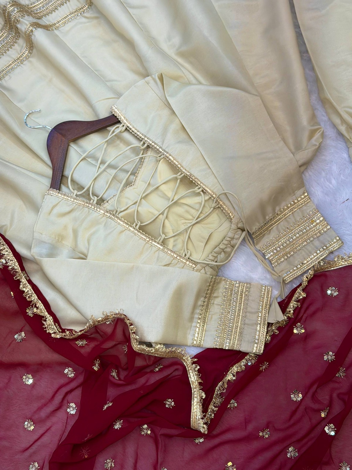 Traditional Cosmos Gold Cream Gown Bottom With Dupatta For Women & Girls