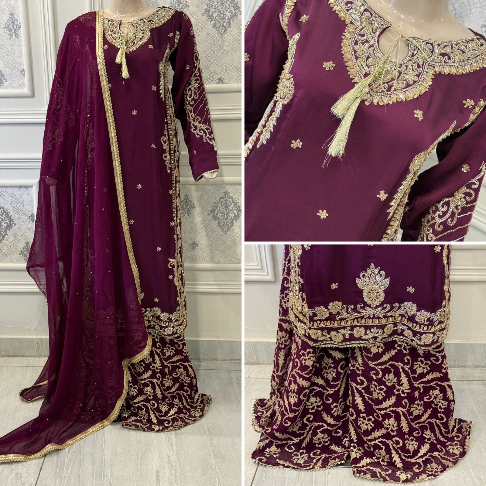 Pakistani Plum heavy jewel work Silk & Chiffon 3pcs Sharara Dress,S