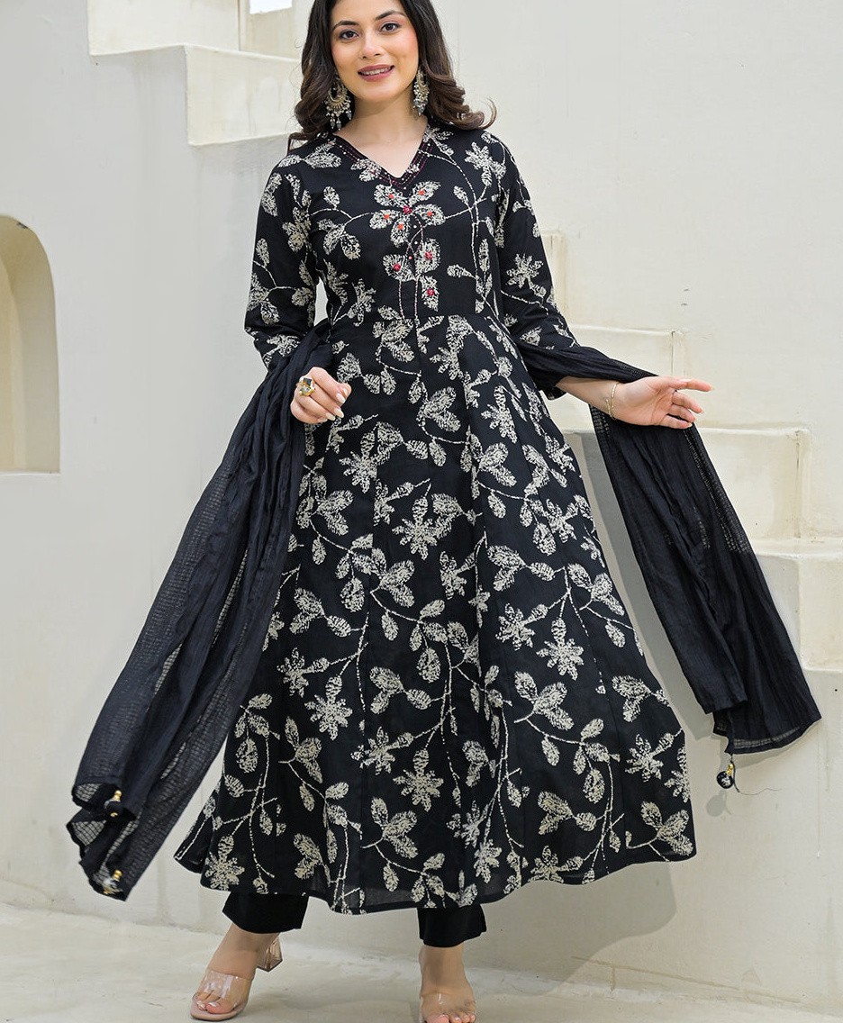 Mustard Floral Print Cotton Anarkali Kurta Pant Set with Dupatta Plus Size