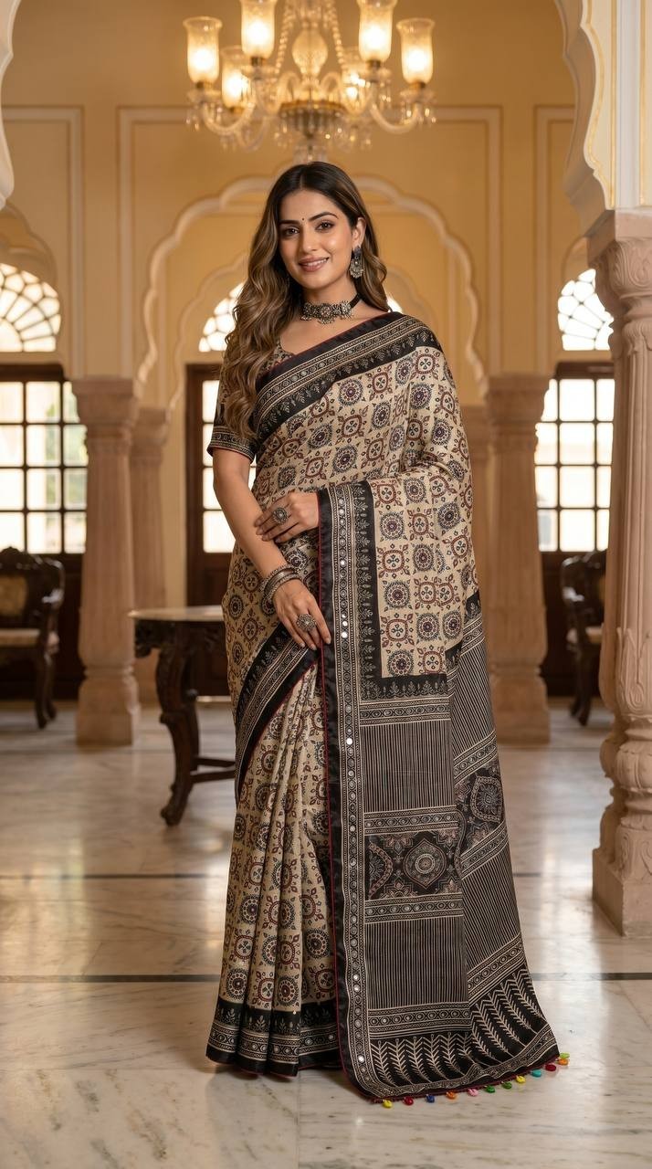 Indian Designer Silk Ajrakh Saree Mirror Work Ethnic Bollywood Party Sari Blouse