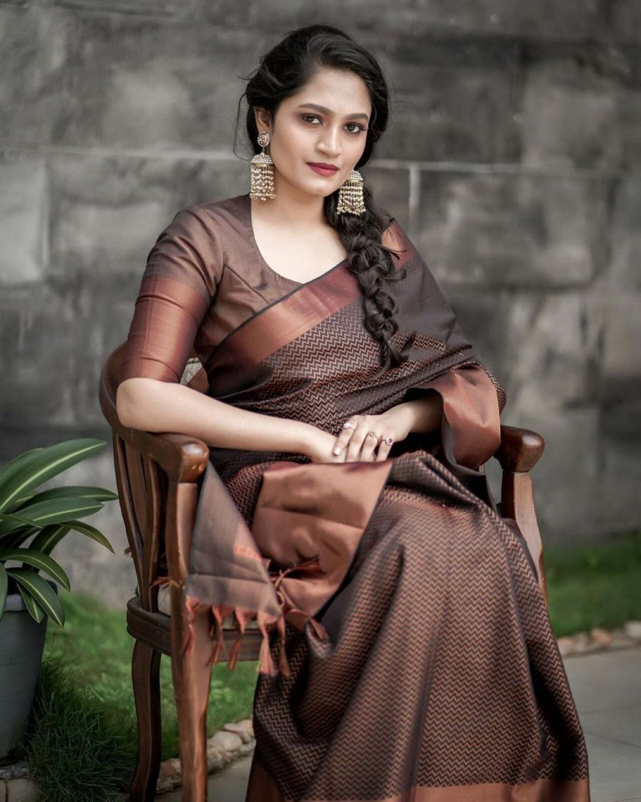 Areca Designer Copper Zigzag Brown Silk saree blouses women Saree Cut 5.5 Meter