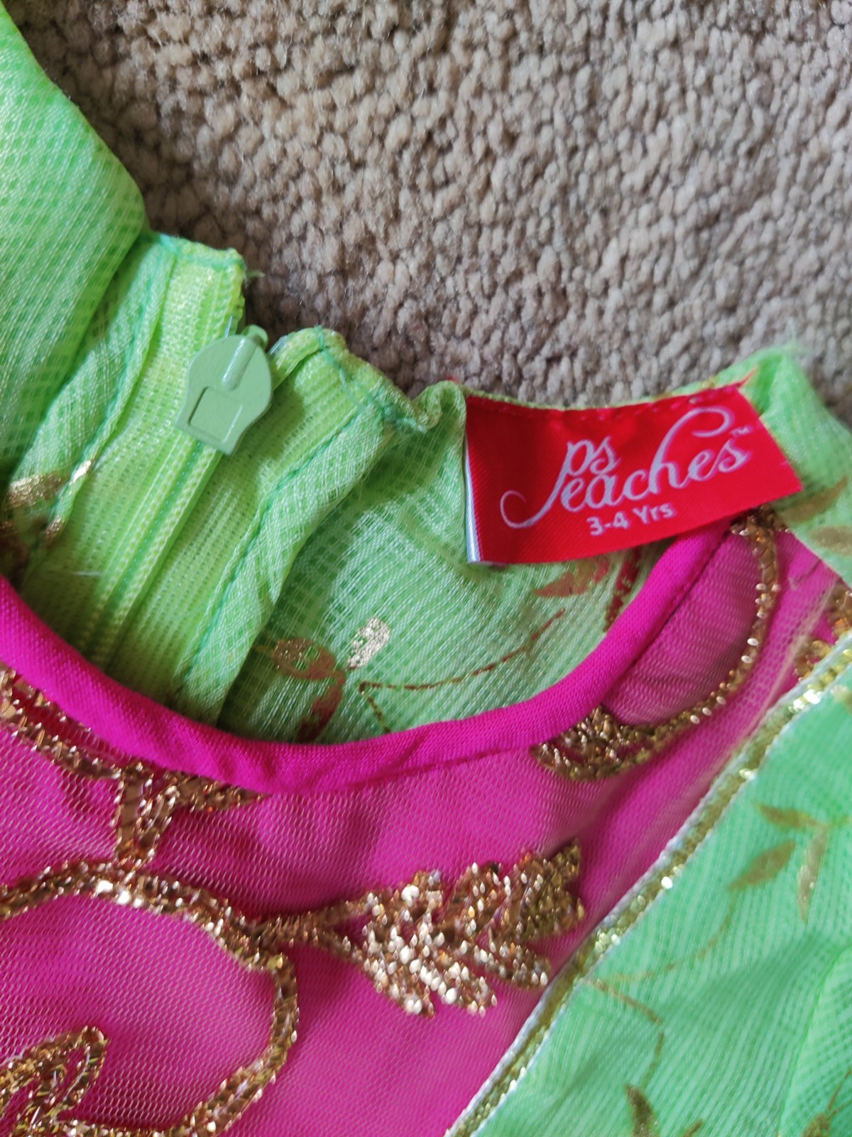 Green Pink Gold Embroidered fancy frock with tights Set Girls 3-4 Yrs