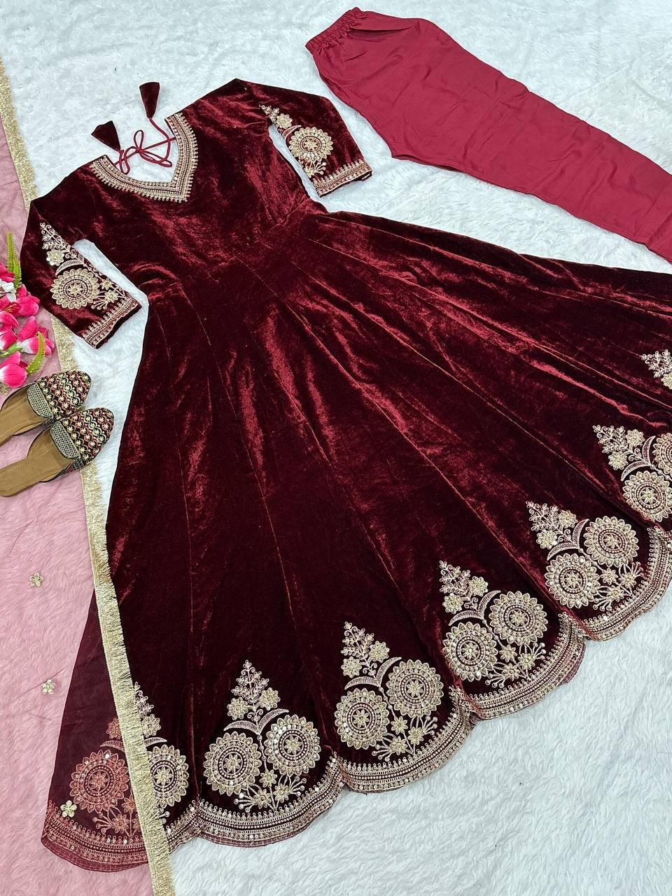 Ethnic Wear Maroon Viscose Velvet Anarkali Suit With Net Dupatta For Women