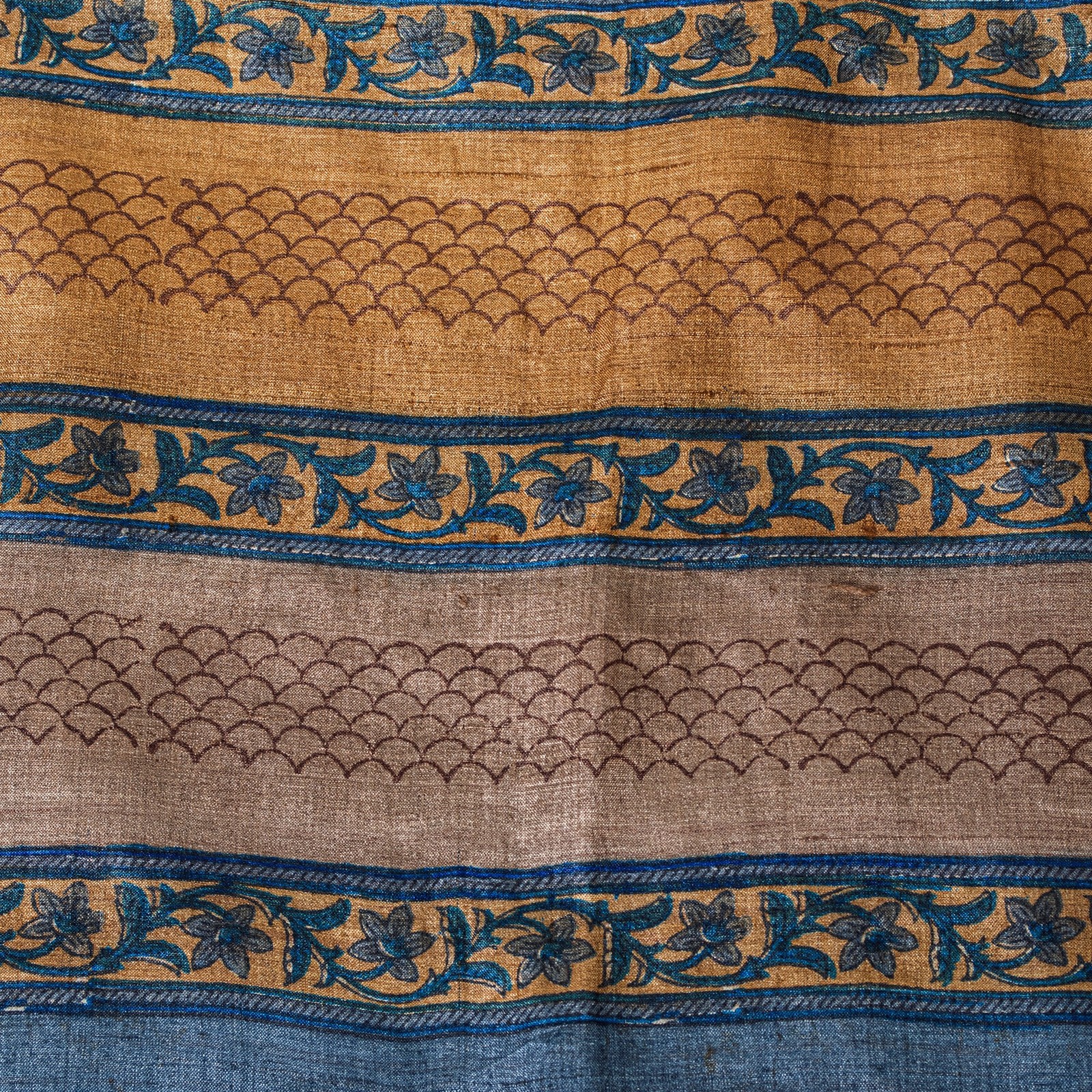 Sanskriti Vintage Sari Grayish Blue Pure Bamboo Silk Saree Hand Block Print 6+Yd