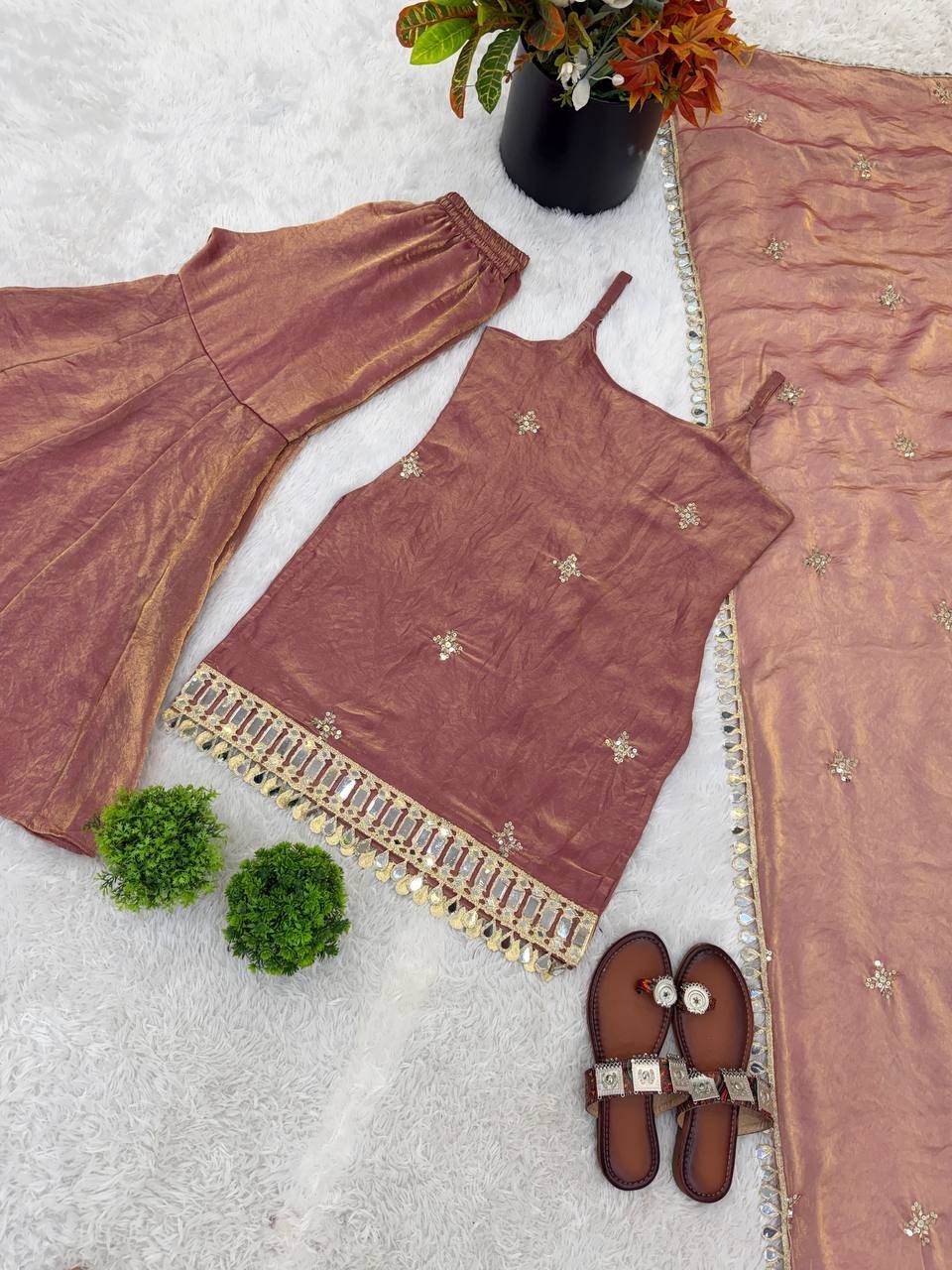 Attractive Look Silk Dusty Pink Top Palazzo With Dupatta For Party Wear