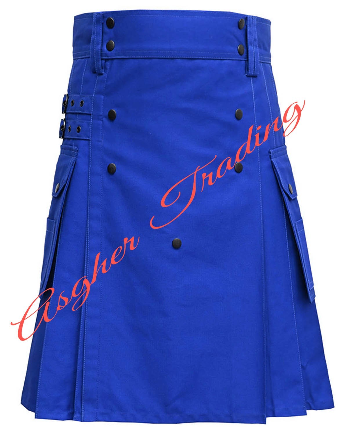 Handmade Blue Cotton Utility Kilt, Tactical kilt Cargo Pockets Custom Size kilts