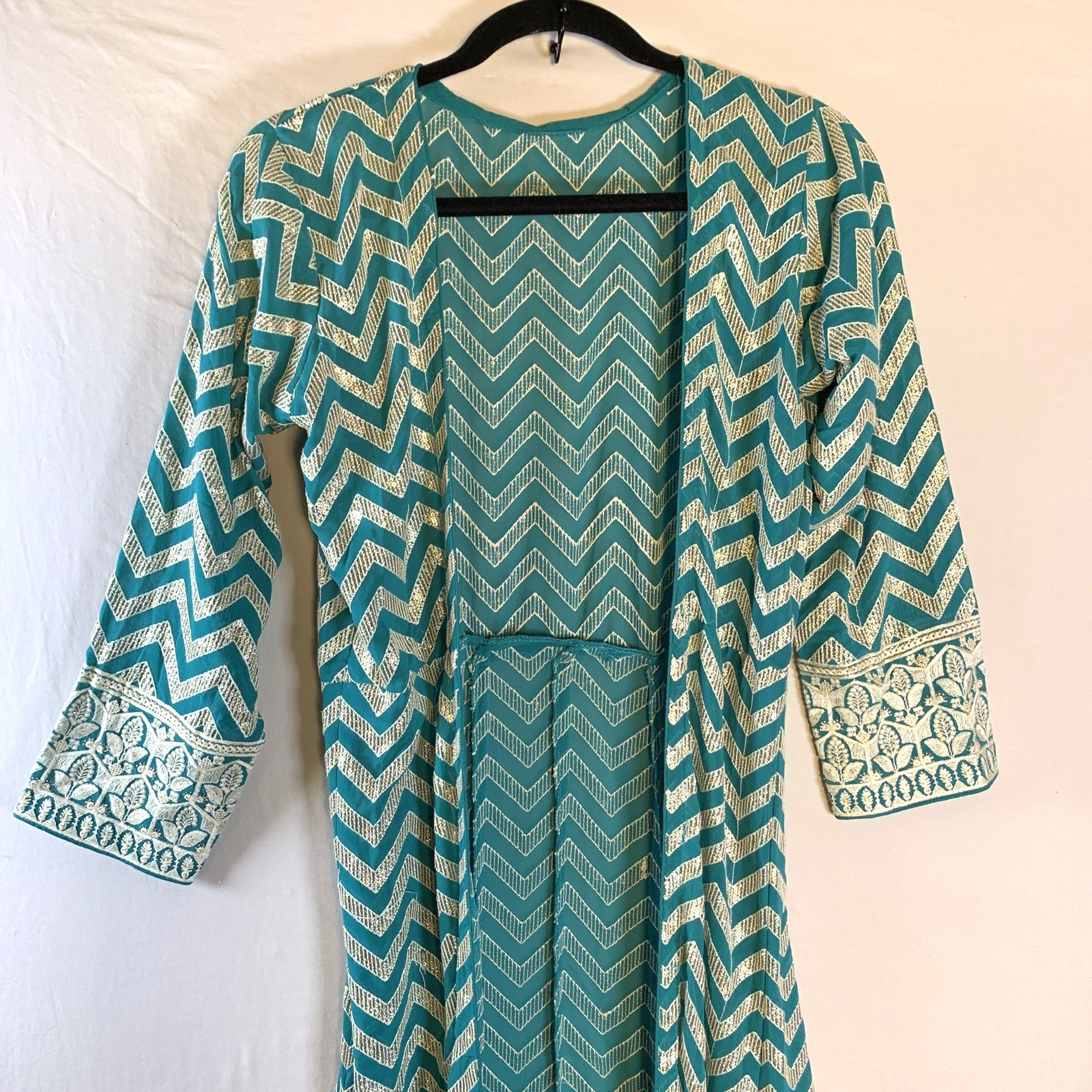 Indian size Small Teal Silver Embroidered Duster Coat Maxi Jacket Chevron Boho