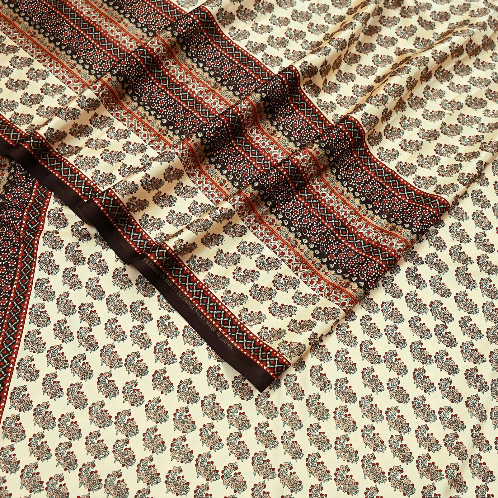 Indian Vintage Saree Beige Satin Printed Sari 5yd Sewing Floral Soft Craft Fabri