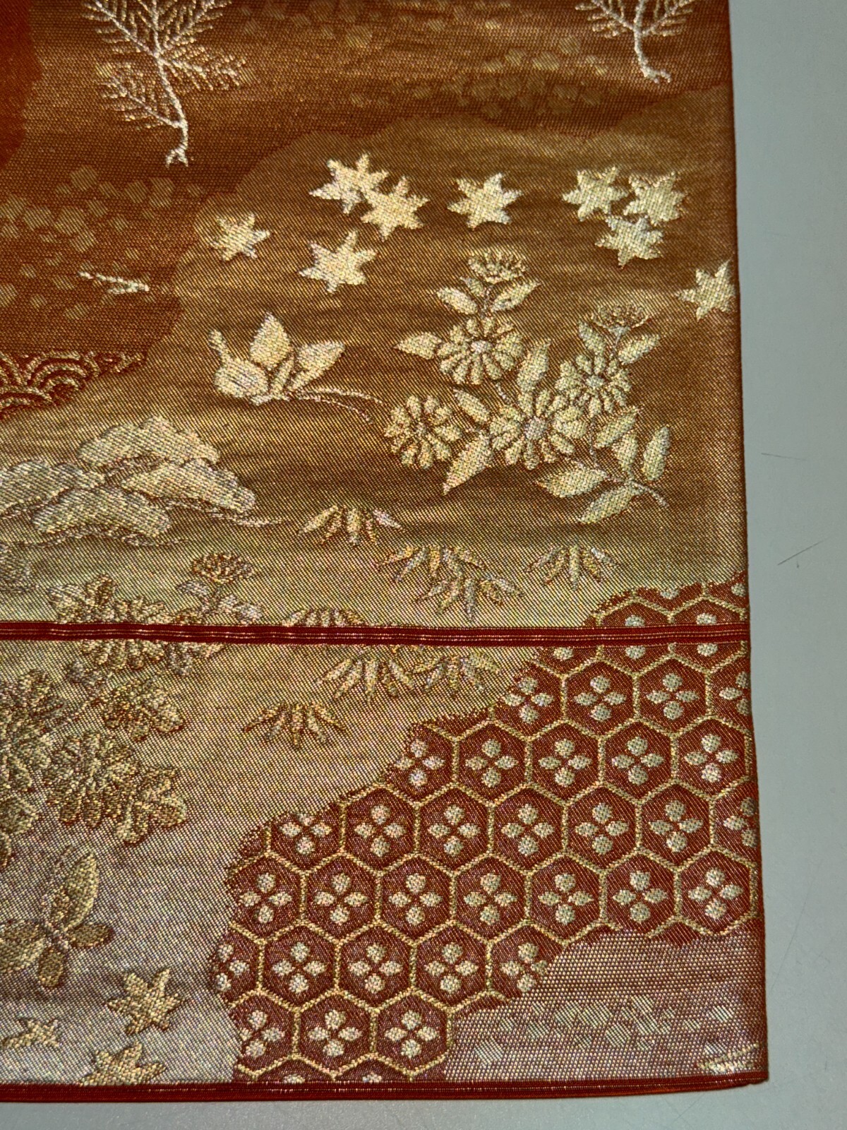 Japanese Vintage Kimono Fukuro Obi silk brown expensive embroidery 167.7×12.2in