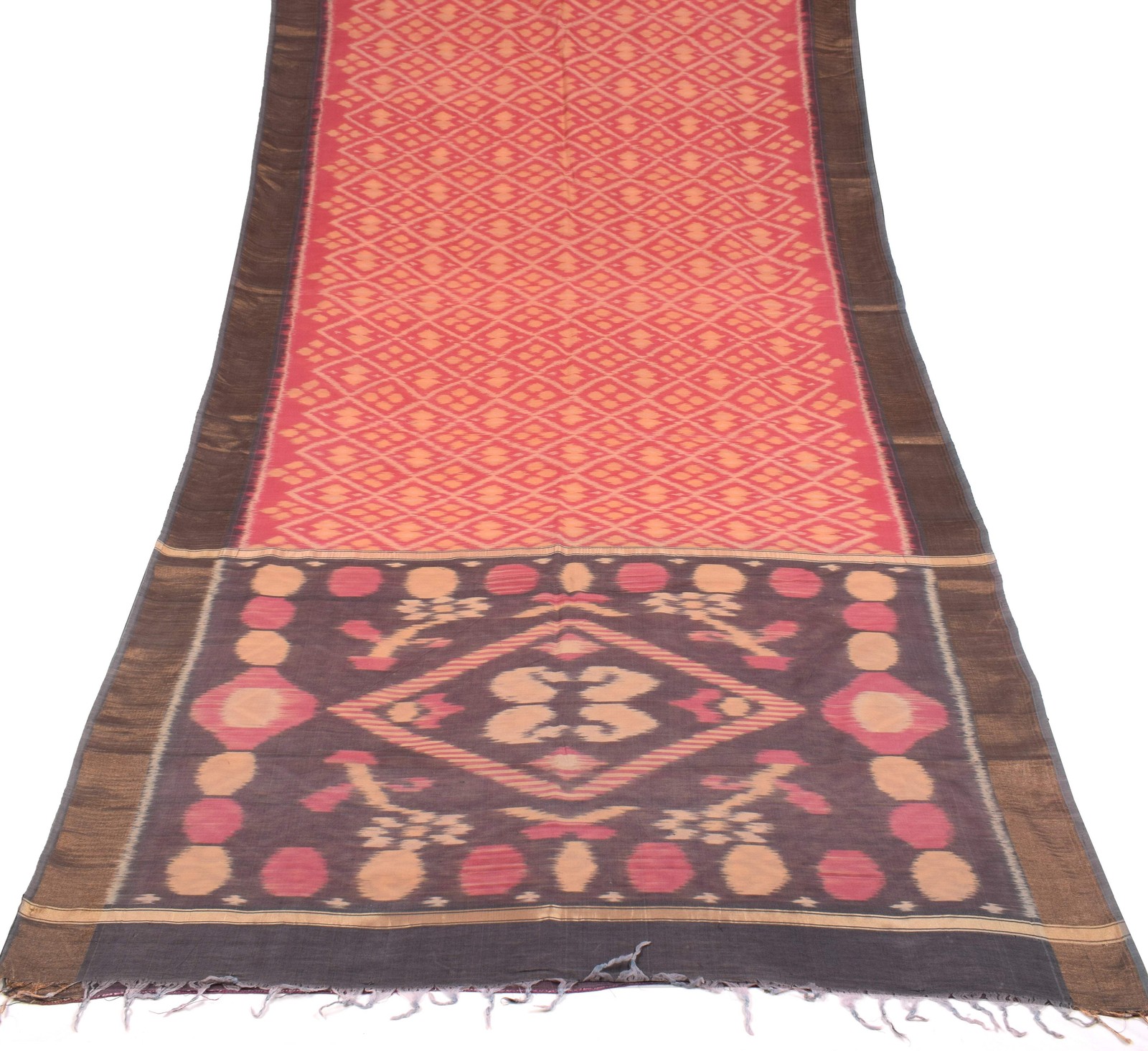 Sushila Vintage Pochampally Ikat Saree Pure Cotton Silk Hand Woven Pink Sari Fab