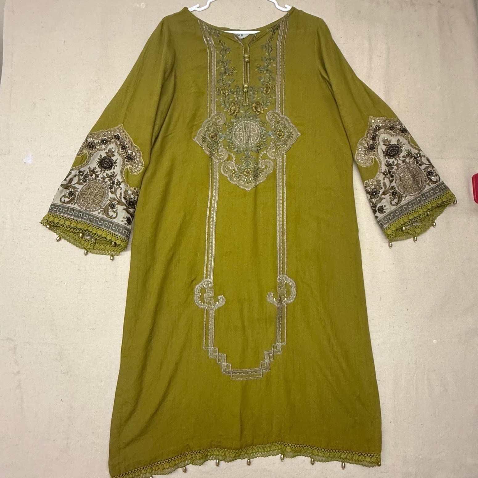Maria B Olive Green Embroidered Kurta Tunic Women Medium Floral Sequin Lace Trim