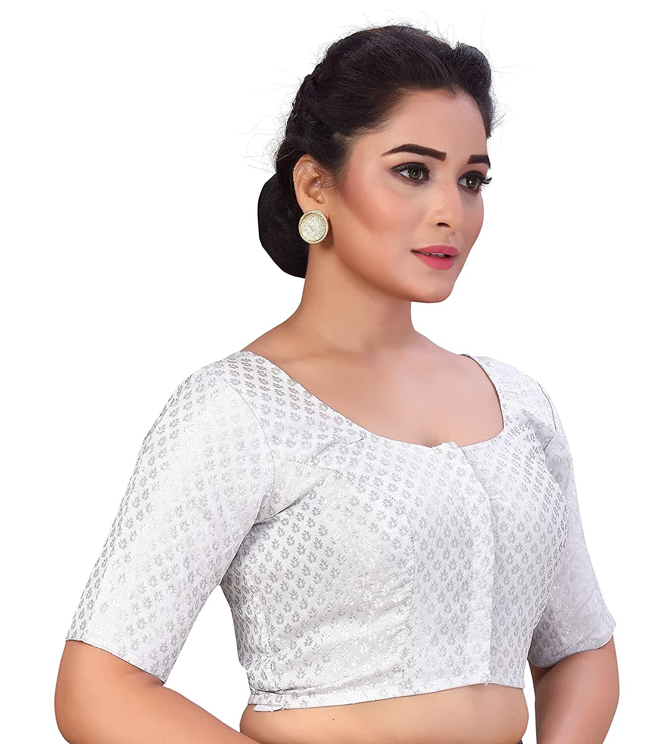 Festival Wedding Women’s Brocade Elbow Sleeves Saree Blouse Silver