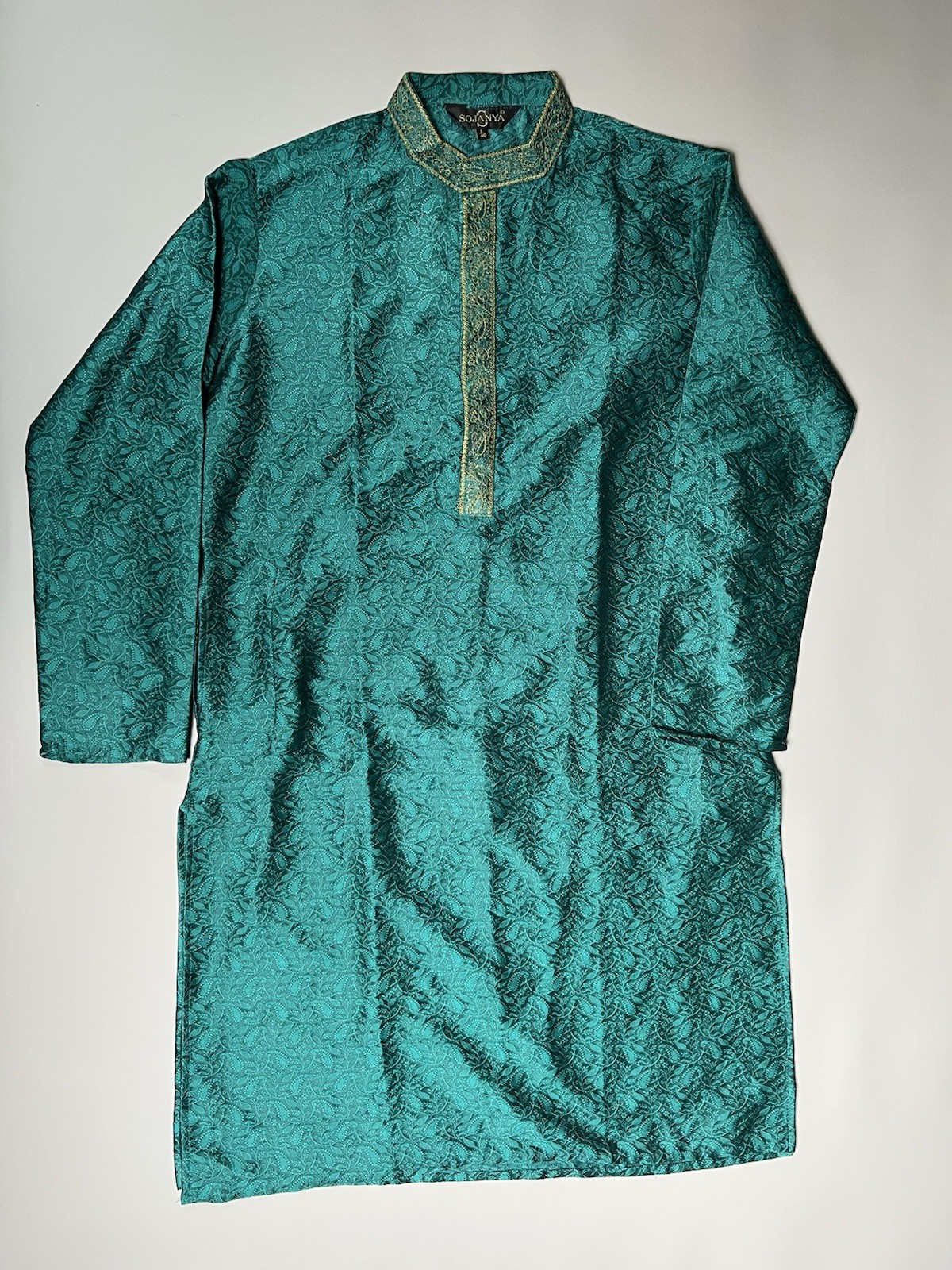 SOJANYA Men’s Green Jacquard Silk Blend Kurta Tunic, Size L 40, Gold Trim
