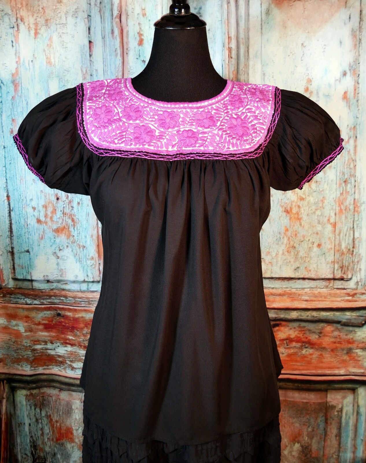 Peasant Blouse Hand Embroidered Pink Flowers & Black Fabric Mayan Chiapas Mexico