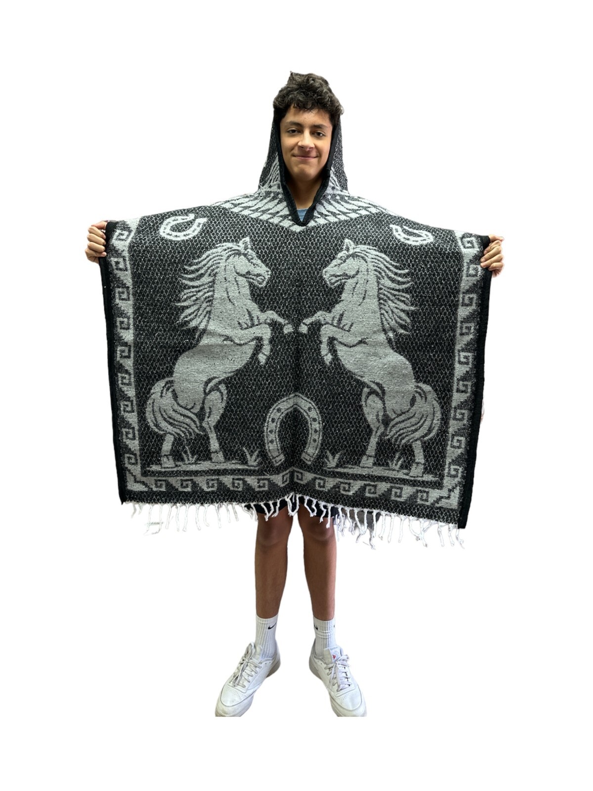 MEXICAN PONCHO WITH HOOD , HORSE PONCHO , BLANKET , ONE SIZE , BLACK – GRAY