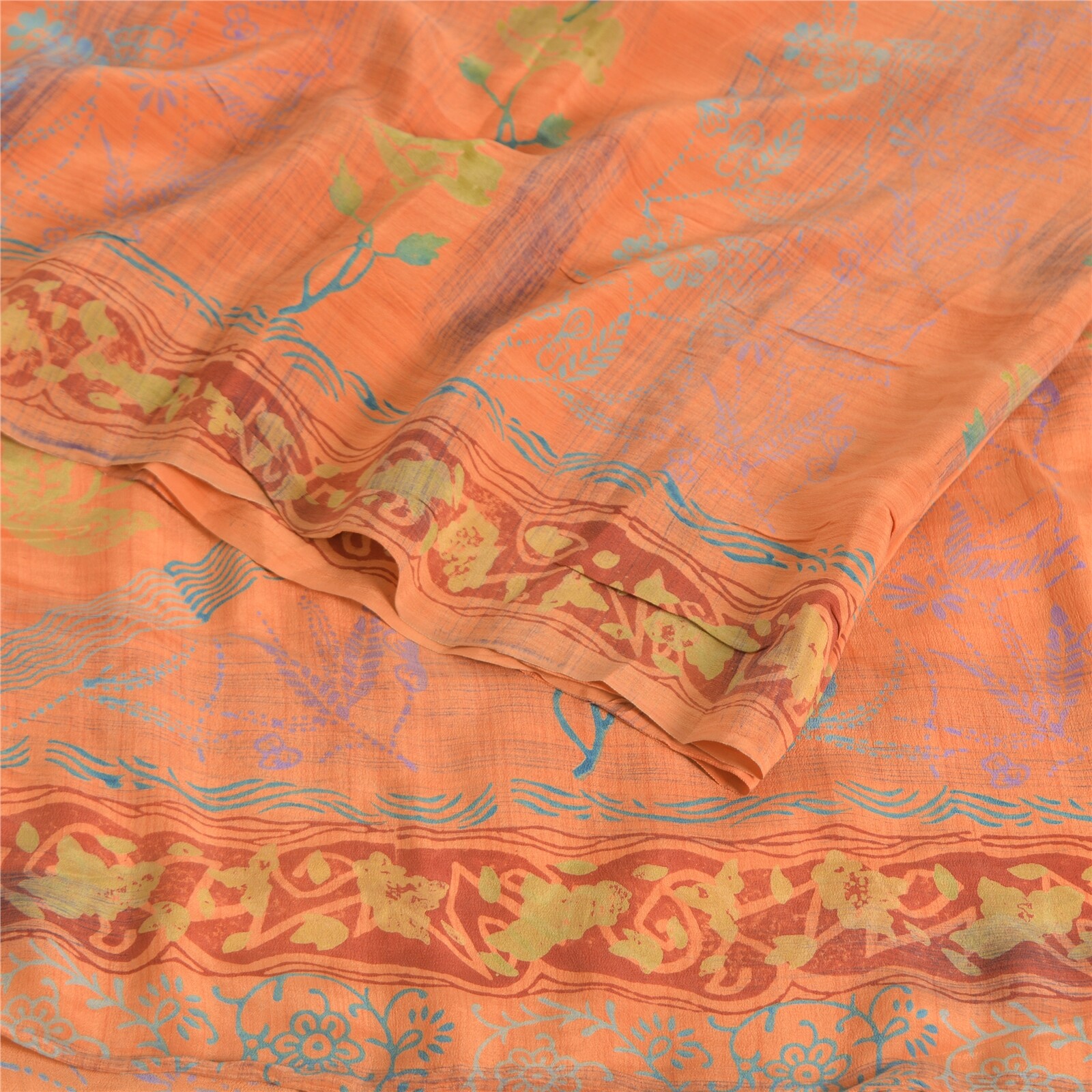 Sanskriti Vintage Printed 100% Pure Crepe Silk Sarees Peach Sari Craft Fabric