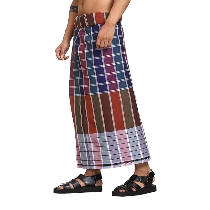 Cotton Stitched Lungi Pack of 2 ( Blue/Red ) Size: 2.25Meter
