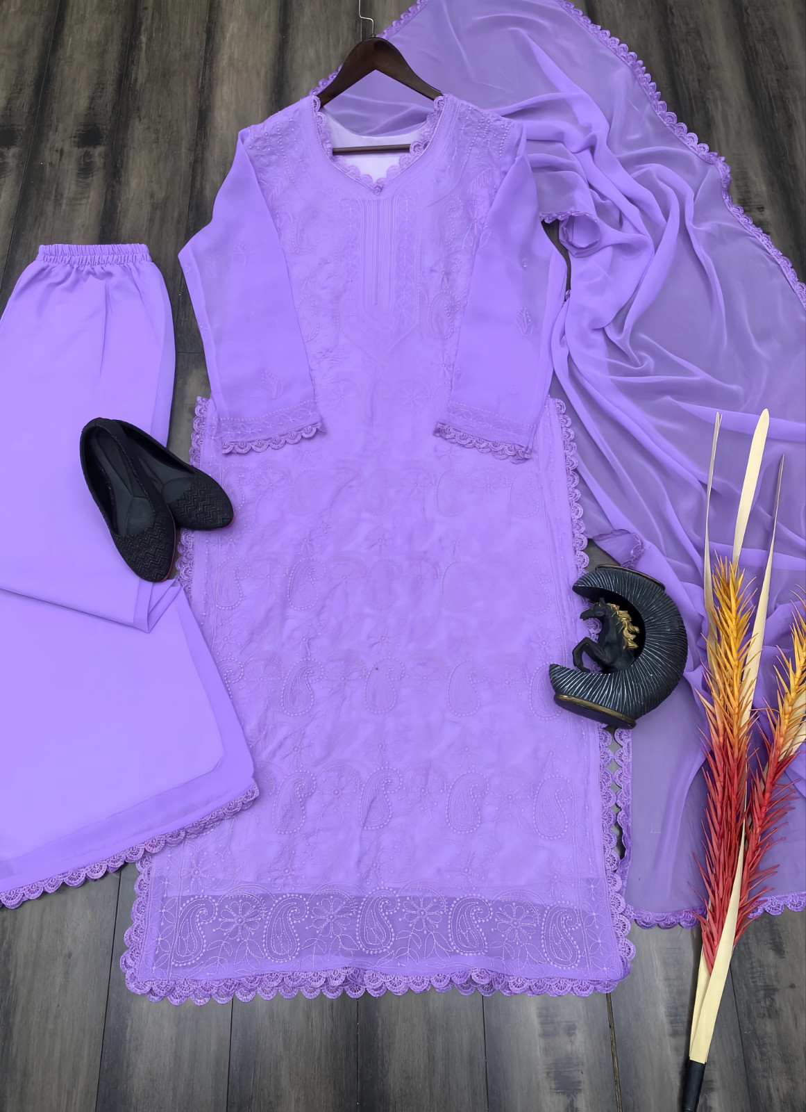 Georgette Embroidered Chikankari V Neck Kurta with Palazzo and Dupatta