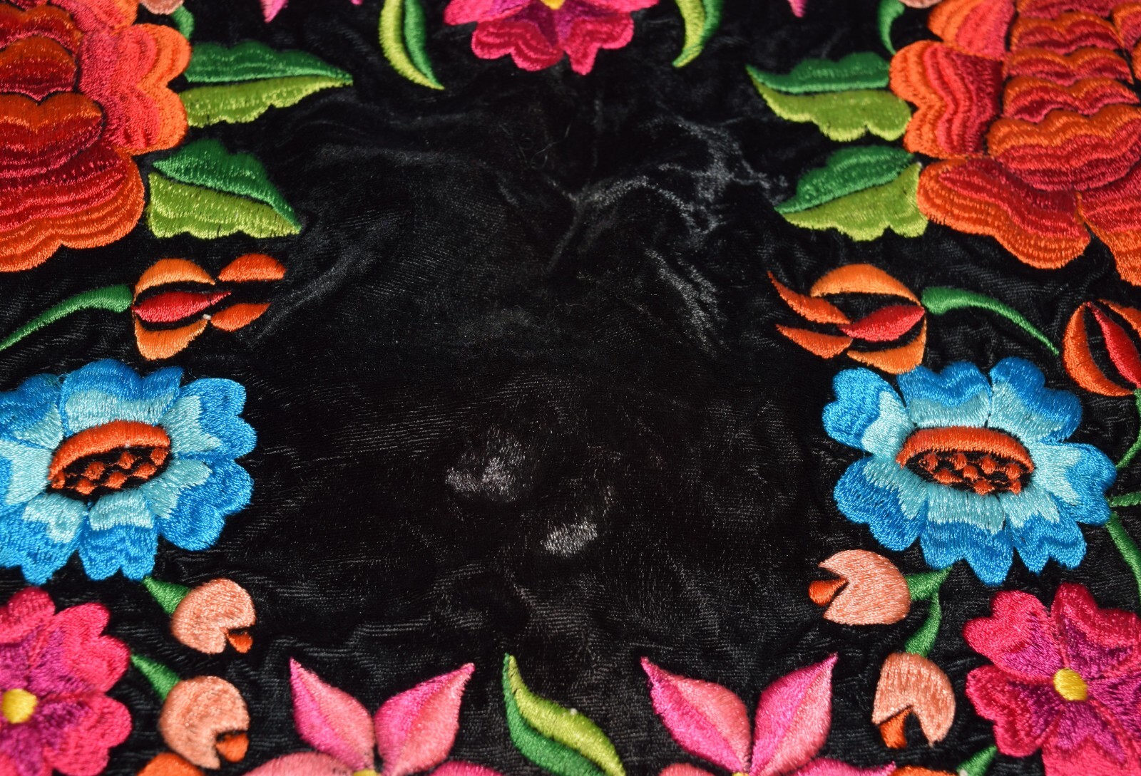 Black Velvet Mexican Folk Blouse Shirt Heavily Embroidered Multicolored Flowers