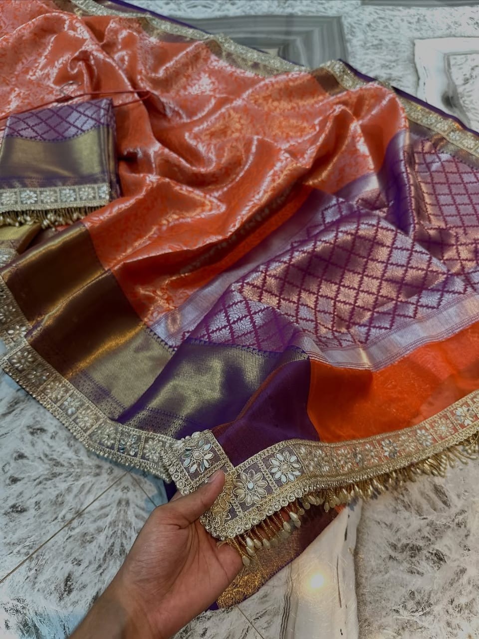 Indian Designer Tissue Silk Saree Banarasi Zari Weaving Fancy Lace Border Sari