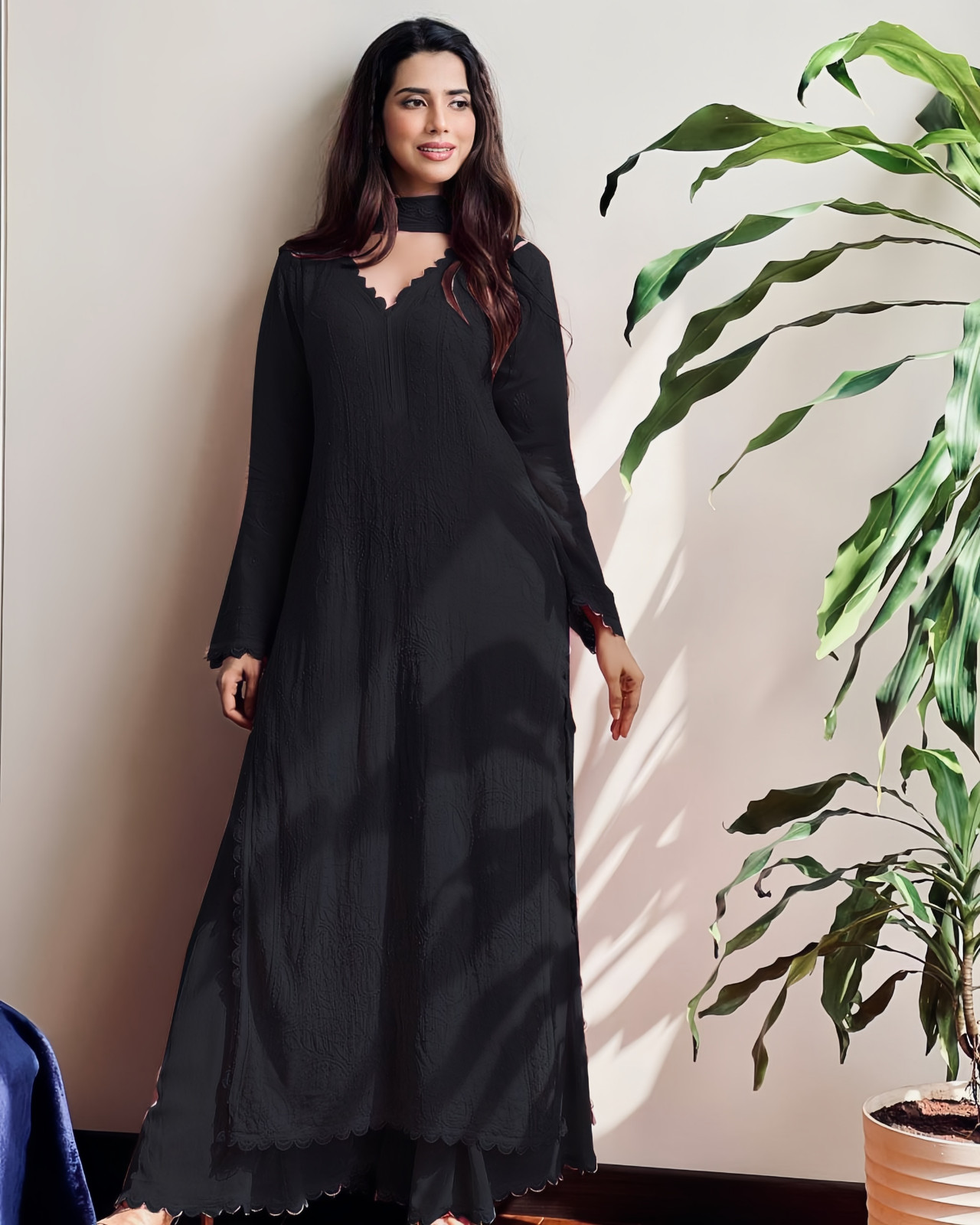 Georgette Embroidered Chikankari V Neck Kurta with Palazzo and Dupatta