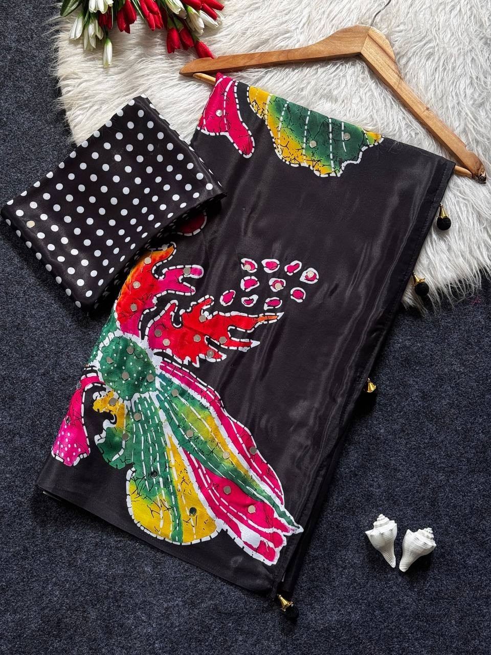 Semi Model Silk Saree Real Mirror Work Floral Print Ethnic Indian Saree Blouse