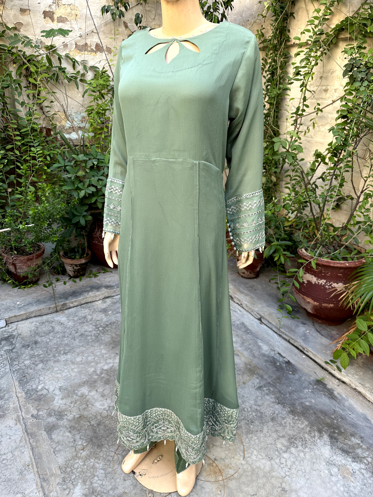 Pakistani Sage Green Long Style Embroidered Sequins fancy Chiffon Dress,XL