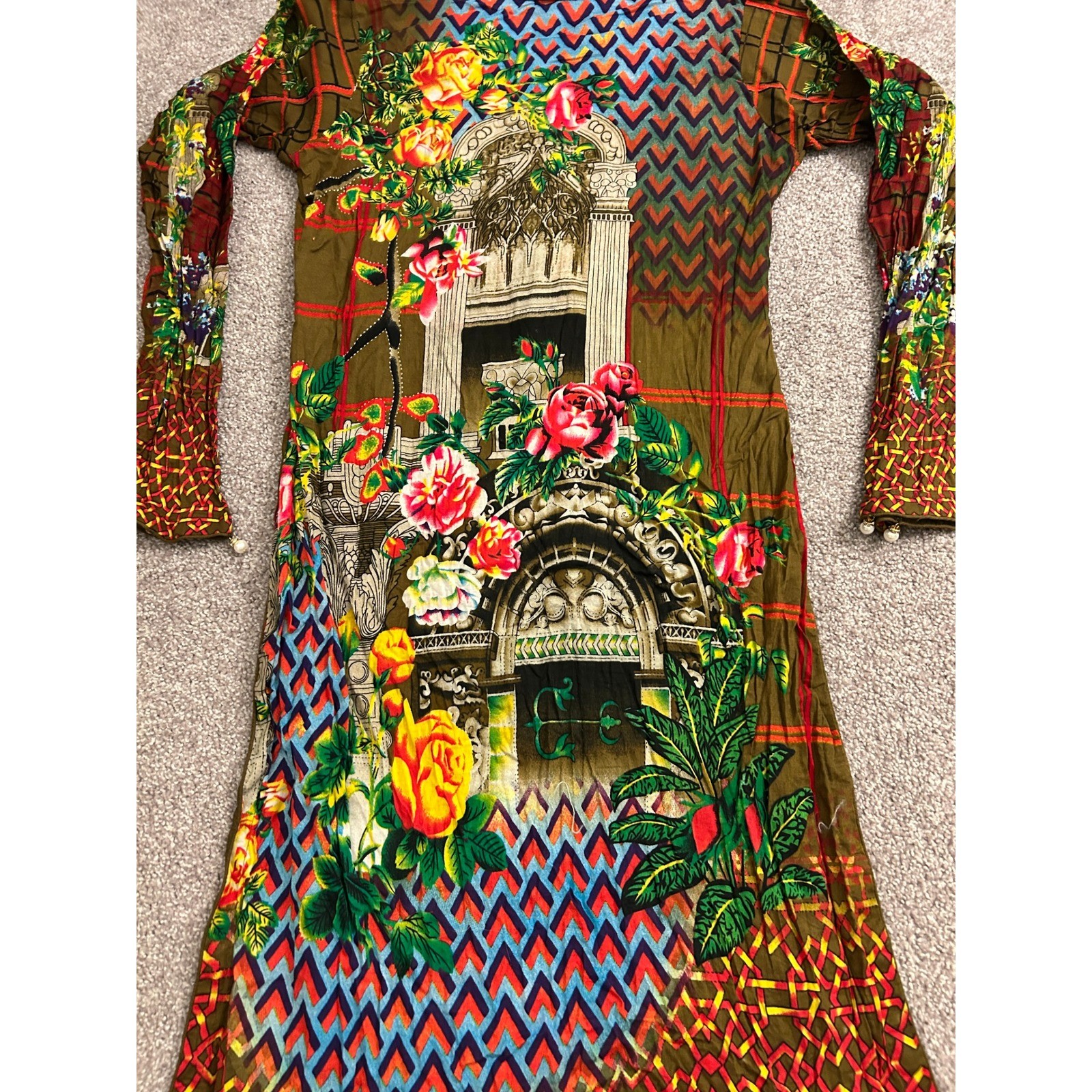 South Asian Salwar Kameez Tunic Womens Medium Olive Green Excellent Floral Kurti