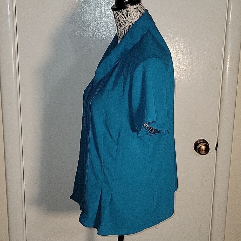 CROFT & BARROW Blue Short Sleeve Button Down Top Pleated Shawl Collar Blouse
