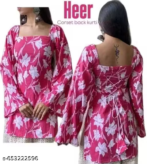 Women Cotton long SLEEVES Trendy square neck latest trending short kurti
