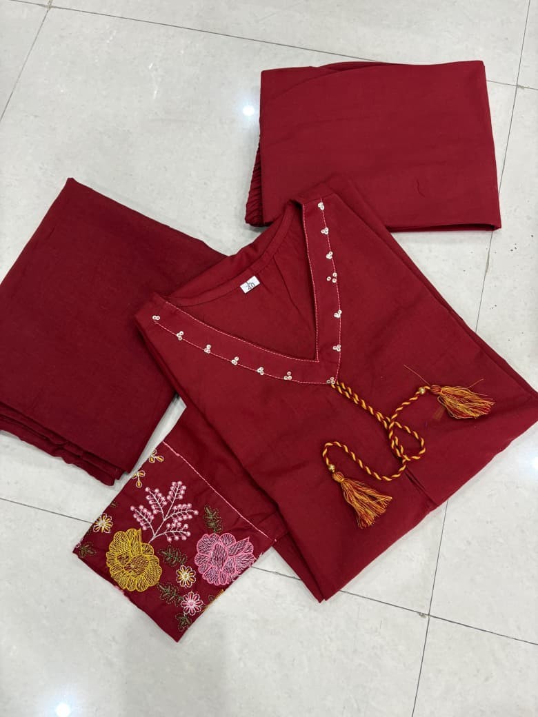 Women’s Maroon Kurta Pant Dupatta Set Indian Ethnic Suit Casual Festive
