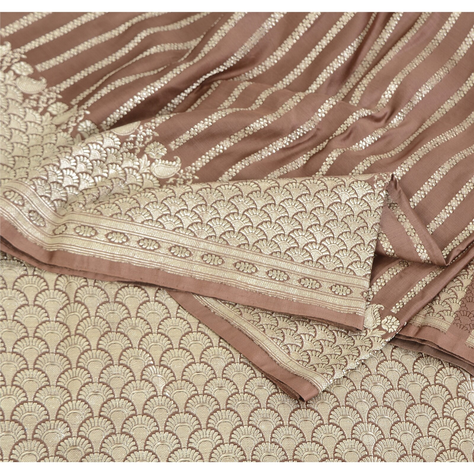 Sanskriti Vintage Brown Sarees Pure Satin Silk Banarasi/Brocade Sari 5Yrd Fabric