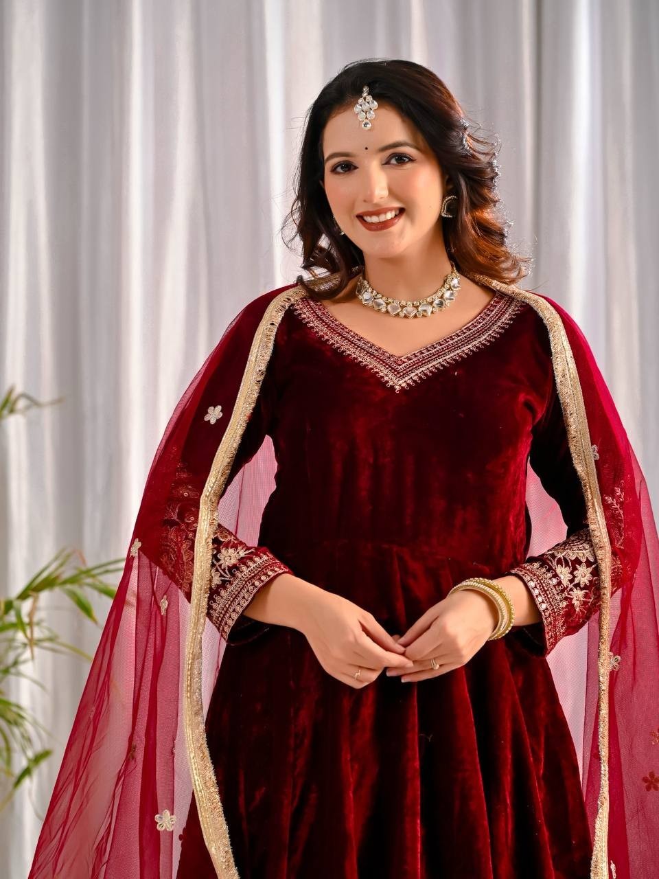 Beautiful Maroon Viscose Velvet Anarkali Suit With Net Dupatta For Wedding