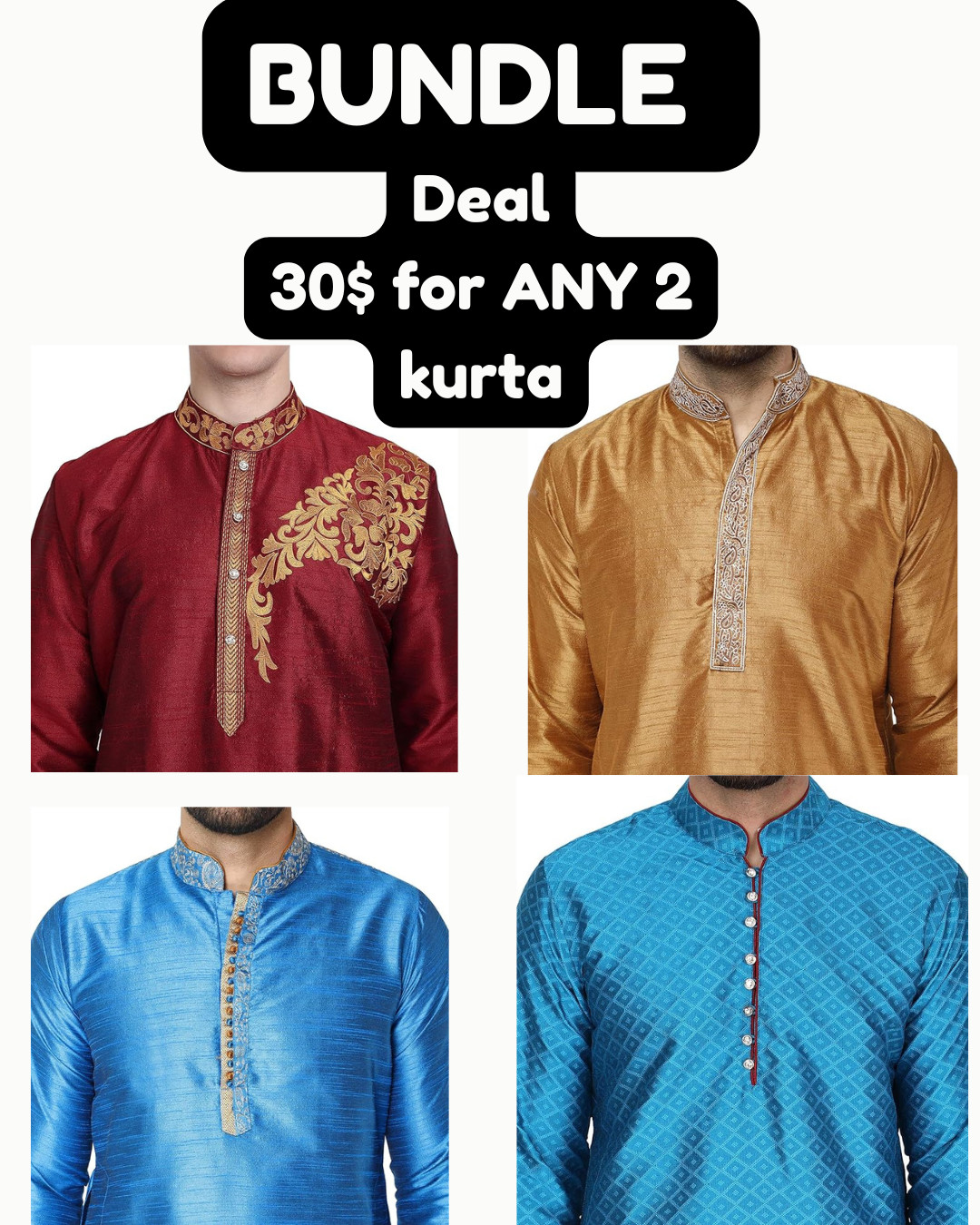 Bundle of 2 Indian Men’s Silk Kurtas Wedding Party Festival Outfit Pick Any