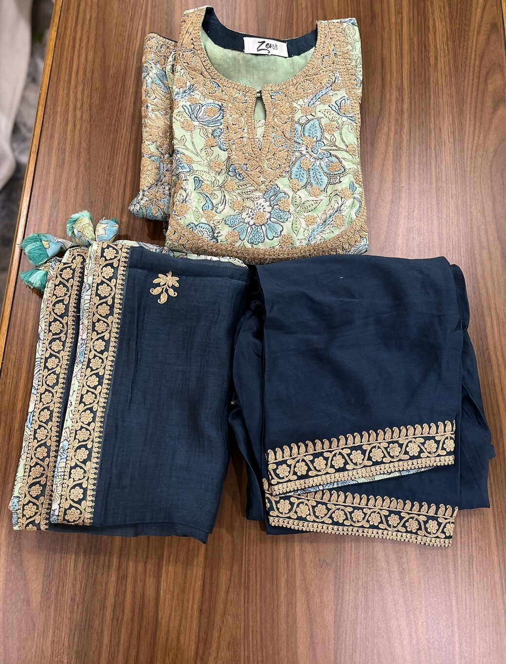 Zene Threadwork Kurta Set with Hanging Pearl Daman, Straight Pant, and Dupatta