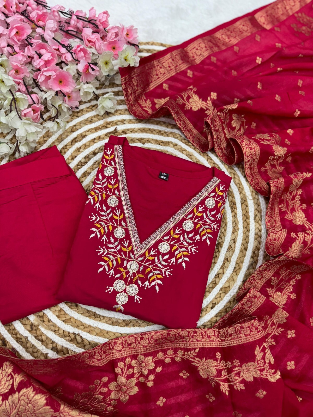 Indian Wedding Wear Kurta Palazzo Dupatta Set Christmas Wear Red Salwar Kameez