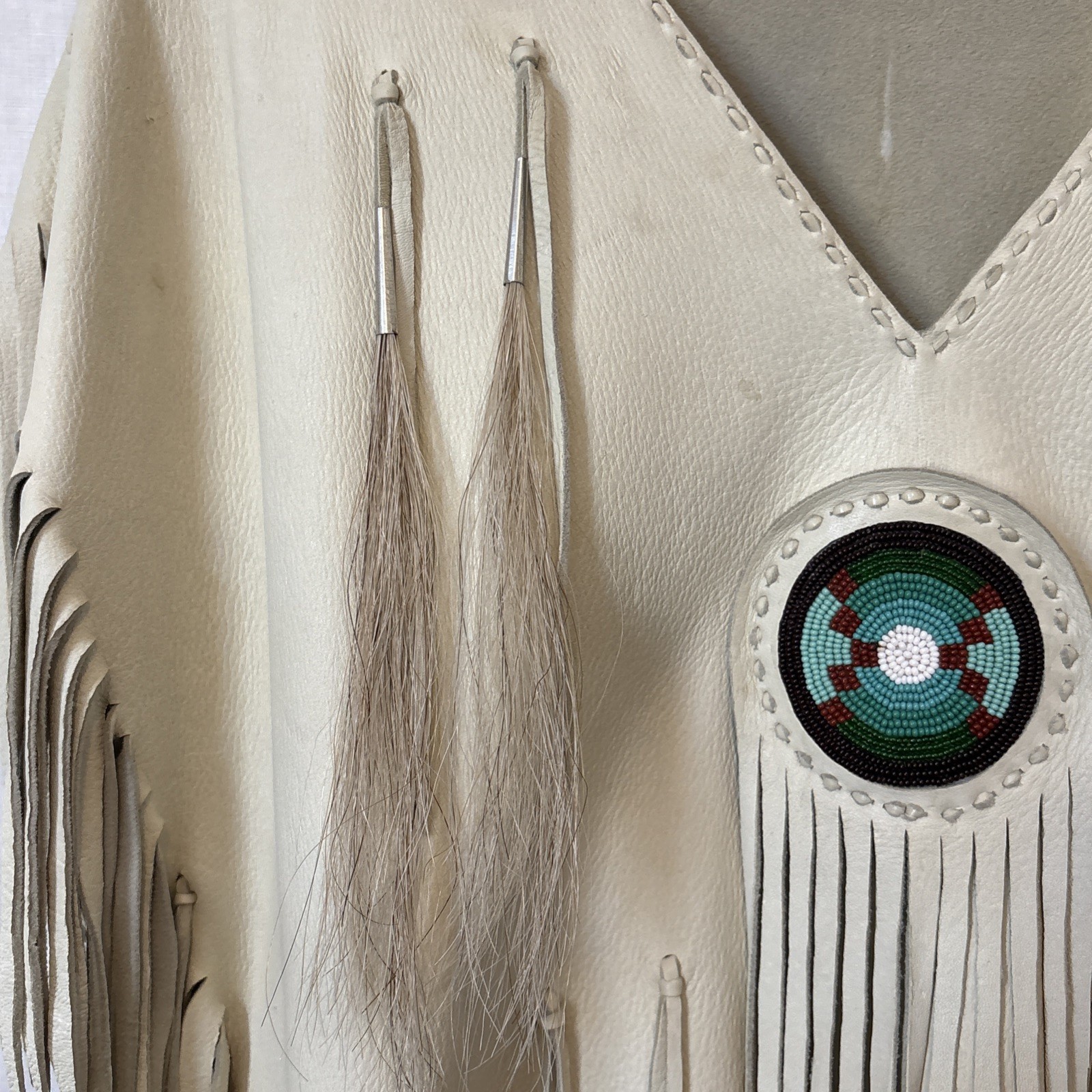 Native American Ivory DoeSkin Beaded Horse Hair Fringe Wedding Dress Medium 8-10