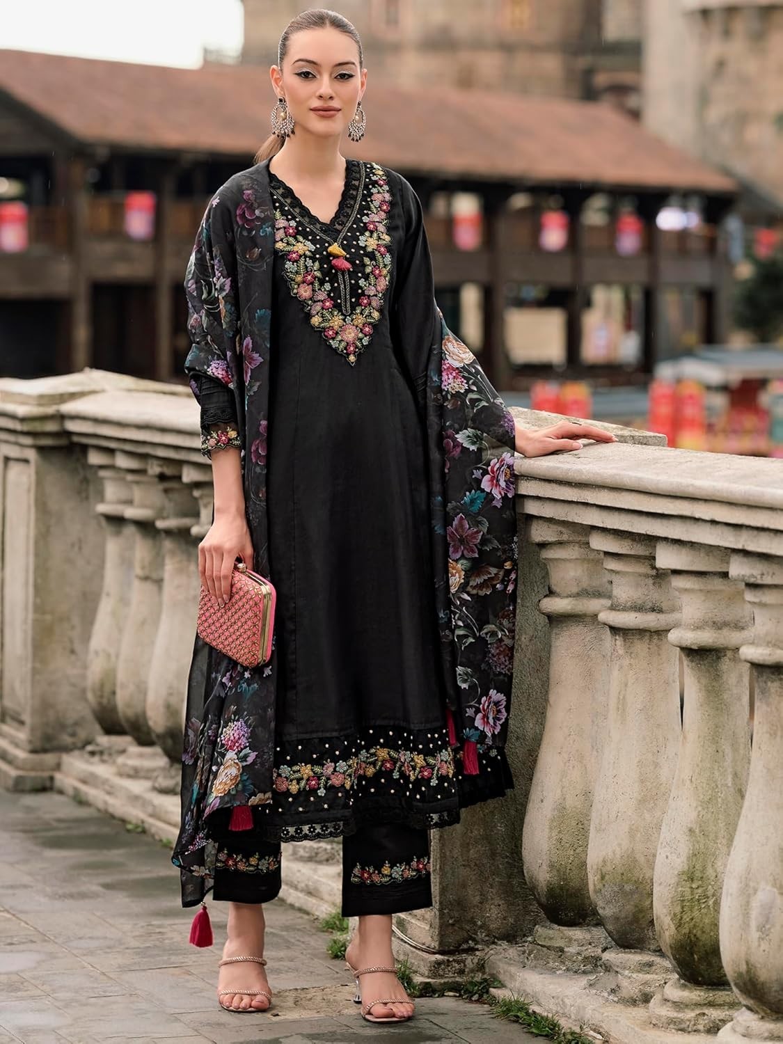 Women’s Silk Blend Embroidered A-Line Kurta Pant with Dupatta Set