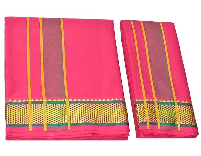 Men’s Panchakacham Dhoti with Angavasthram Zari Border, Cotton, Pink