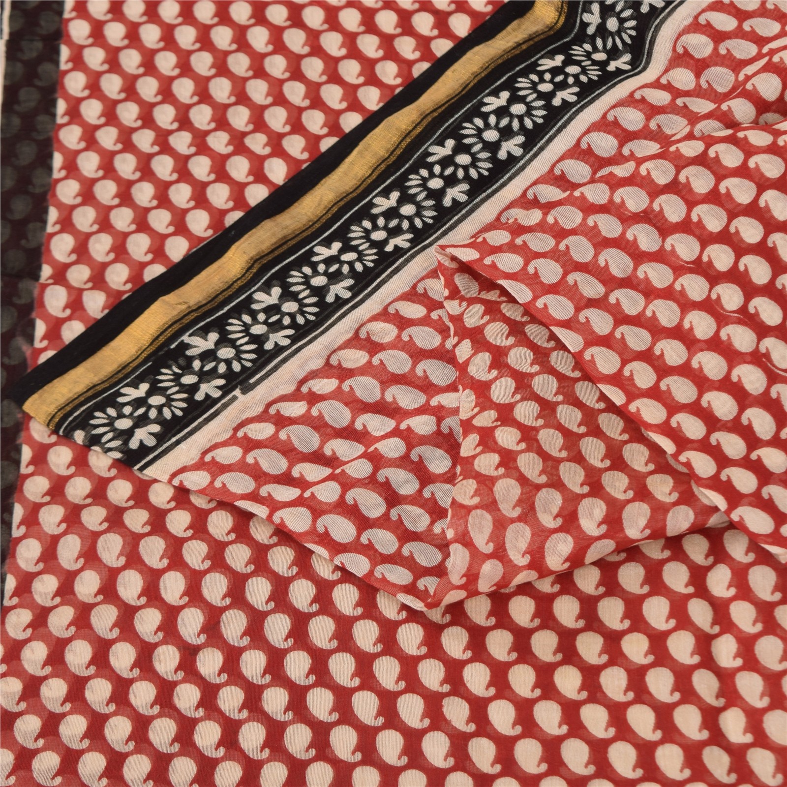 Sanskriti Vintage Sarees Red Pure Chanderi Cotton Hand Block Printed Sari Fabric