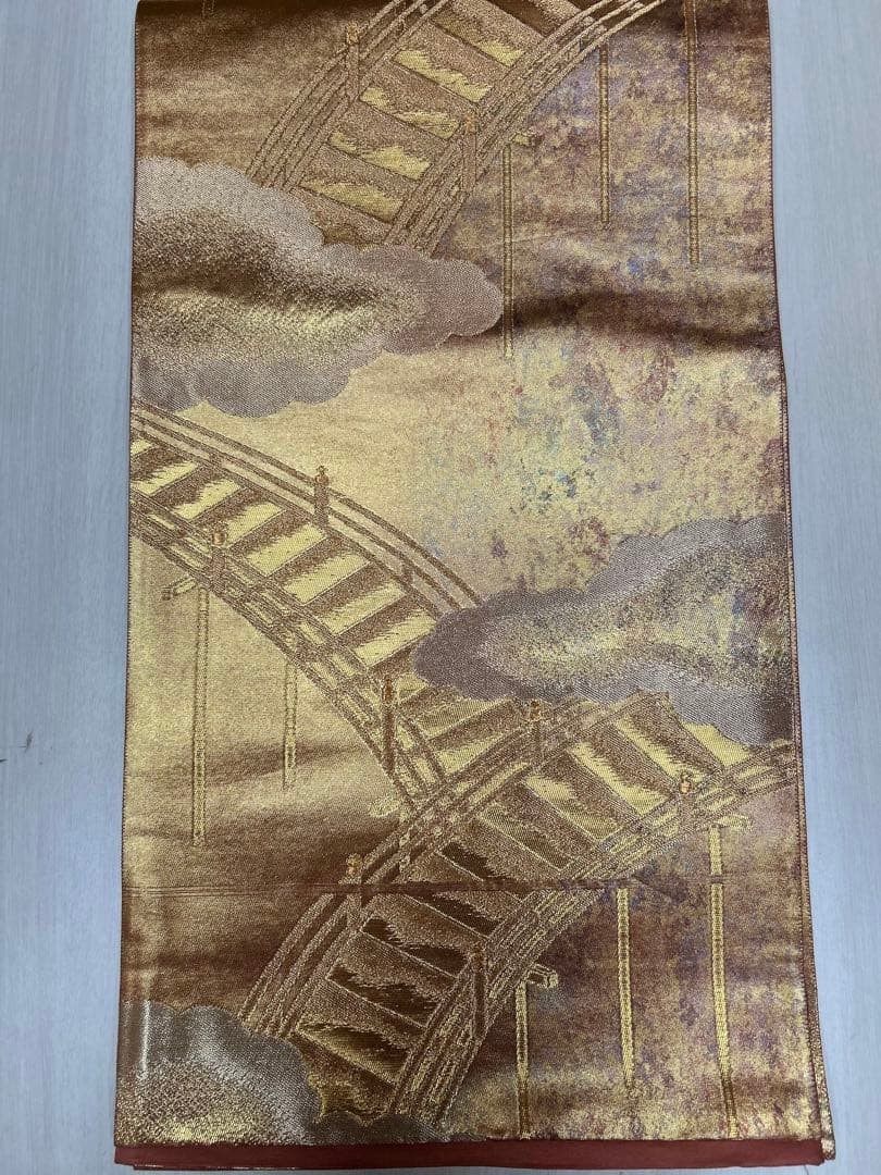 Japanese Silk Fukuro Obi Brown Gold Bridge Landscape 445cm Kimono Sash