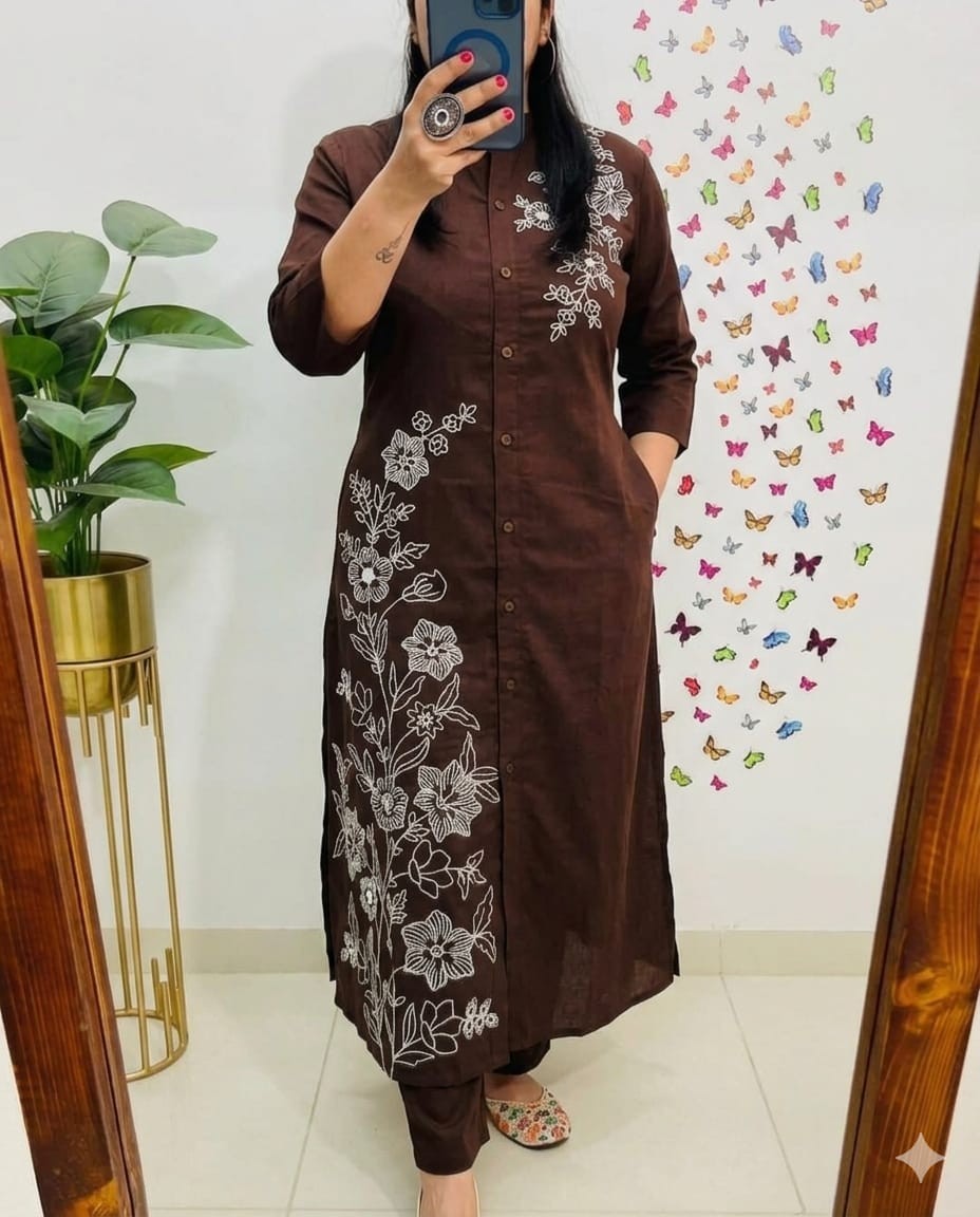 Indian Cotton Slub Kurti with Pant Set Women Party Wear Ethnic Kurta Cord Set